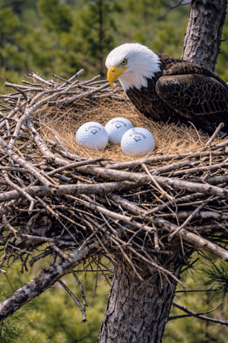 An eagle in its nest with golf balls resting inside